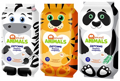 Smart Animals Влажные салфетки детские с ромашкой и витамином Е комплект 3 упаковки по 50 шт