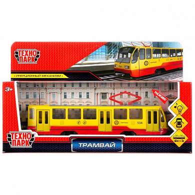 Технопарк Трамвай 18,5 см желтый, свет, звук, металл ТRАМ71403-18SL-RDYЕ с 3 лет