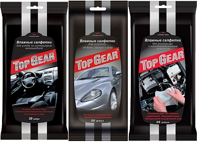 Top Gear Влажные салфетки для автомобиля Набор 3 в 1 для стекол, для рук, для салона