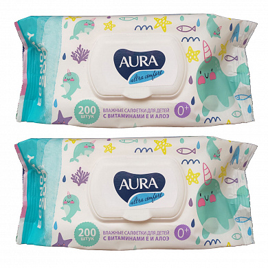 Aura Салфетки детские влажные Ultra Comfort с витаминами Е и алоэ, набор 2 уп. по 200 шт.